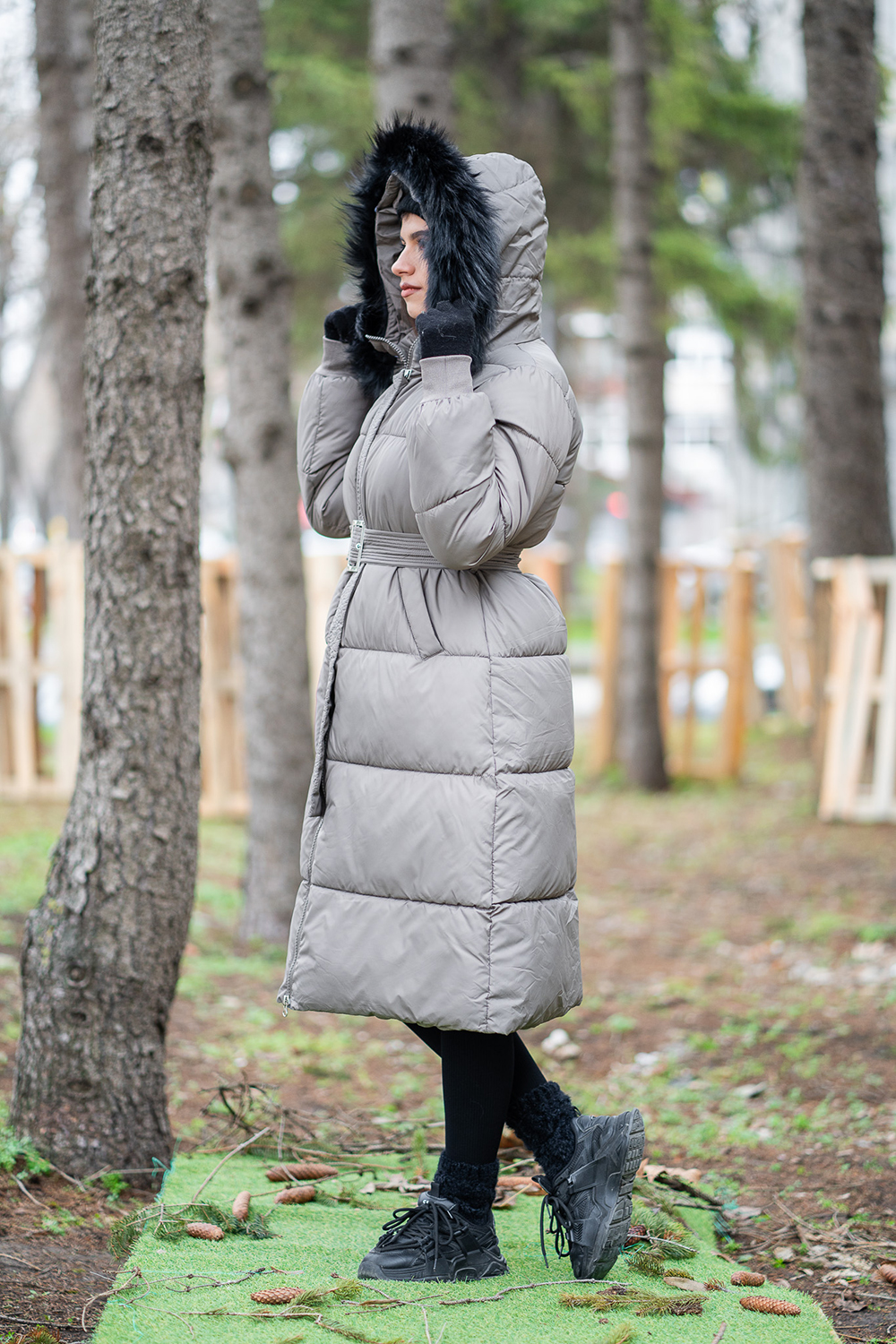 Дълго яке колан от плат яка лисица d76027