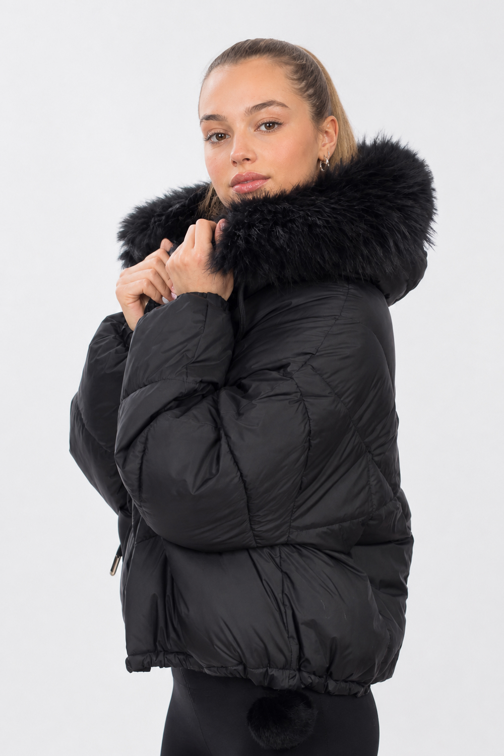 Късо яке шевове гарнитура лисица 2 заешки помпон