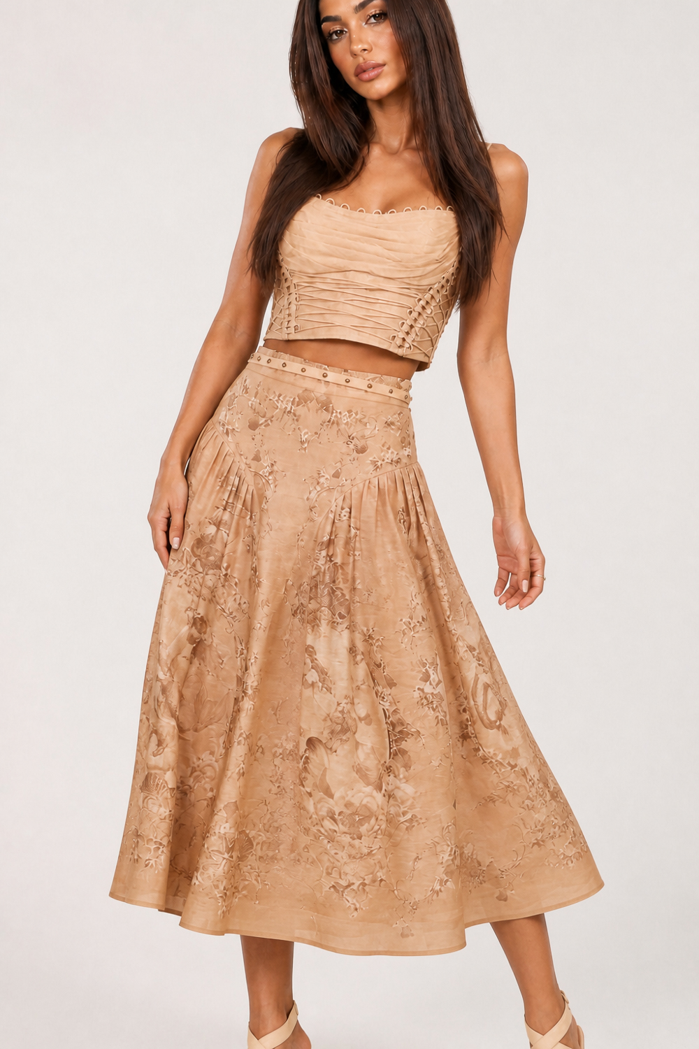 Дамски комплект с корсетен топ и пола на цветя