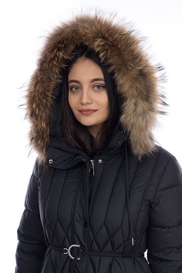 Дълго яке тънко коланче с висулка качулка енот д69170