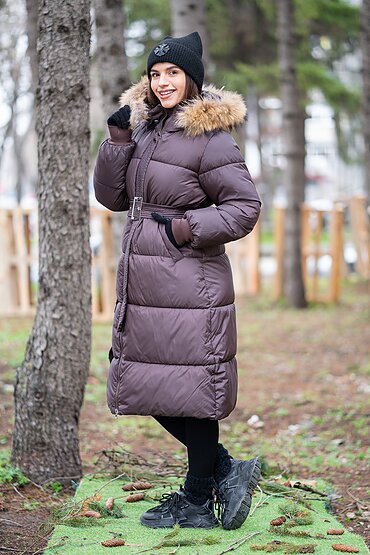 Дълго яке колан от плат яка енот