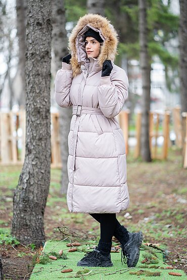 Дълго яке колан от плат яка енот