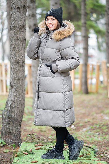 Дълго яке колан от плат яка енот