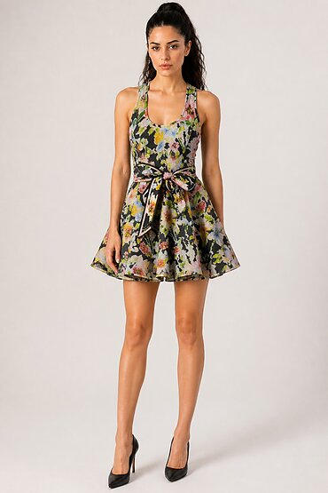 2616 --- Къса рокля на цветя с колан