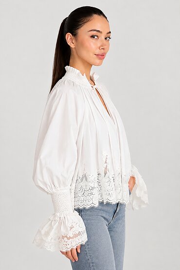 Свободна блуза с дантела, бял — D92377 — снимка 2